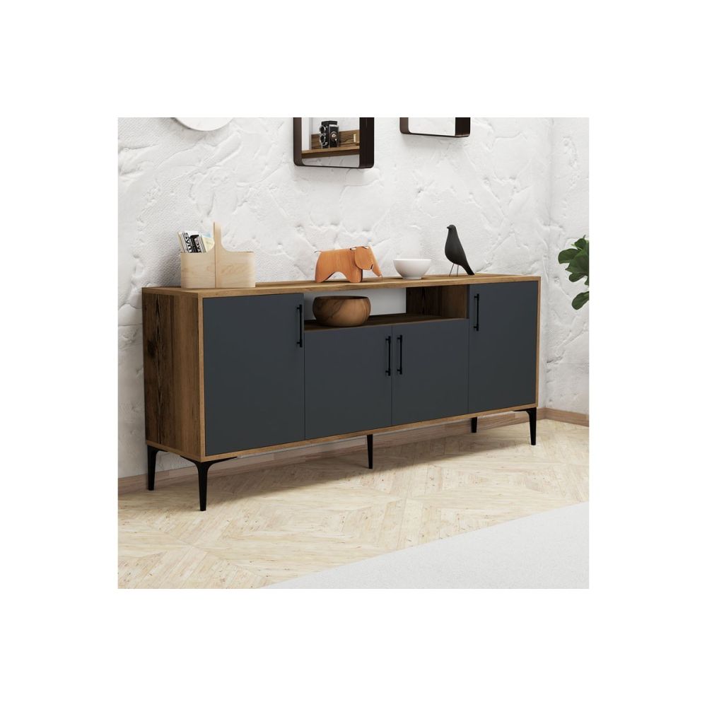 Buffet de Melamina Sonoma Oscuro-Negro - 180x40,5x78cm - Elegante Almacenamiento para Comedor
