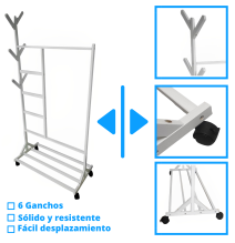 Perchero colgador multiusos con ruedas,  portatil, madera maciza color blanco Perchero colgador multiusos con ruedas,  portatil, madera maciza color blanco