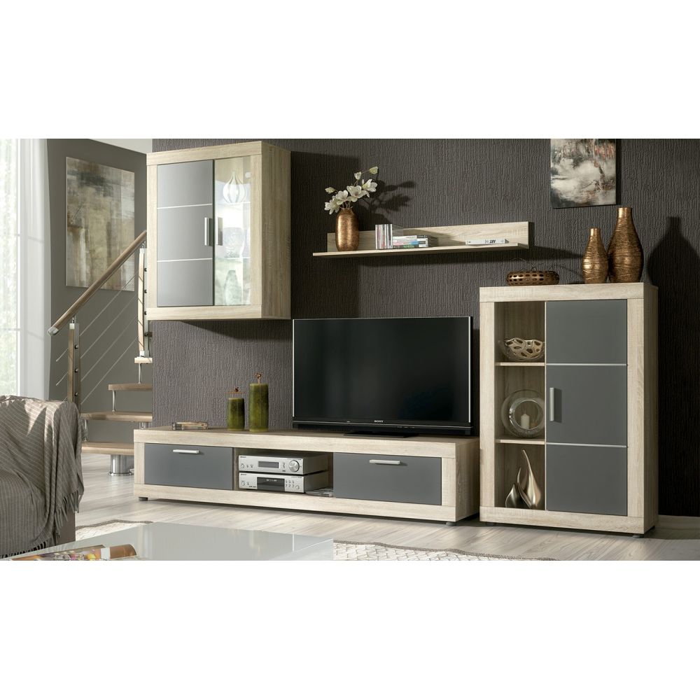 Mueble de salón y TV Moderno con Leds Color Cambria, cambria y grafito módulo de comedor